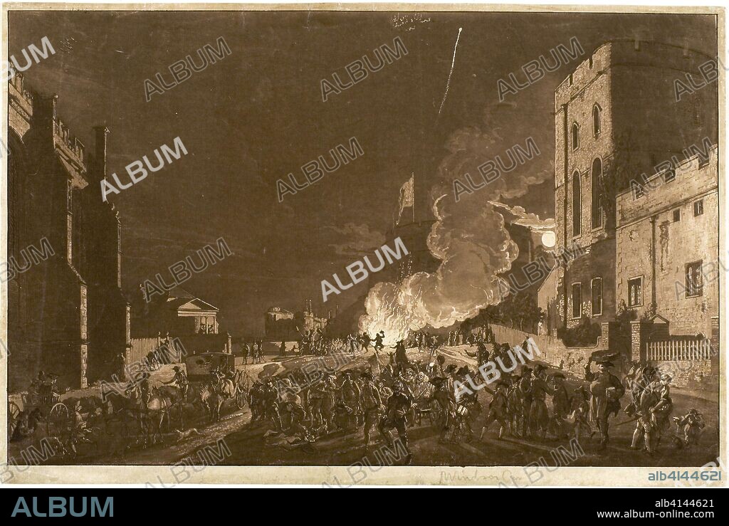 Windsor Castle from the Lower Court on the Fifth of November--Fireworks. Paul Sandby; English, 1731-1809. Date: 1776. Dimensions: 296 × 464 mm (image); 314 × 474 mm (sheet). Aquatint, with etching, in brown on ivory laid paper. Origin: England.