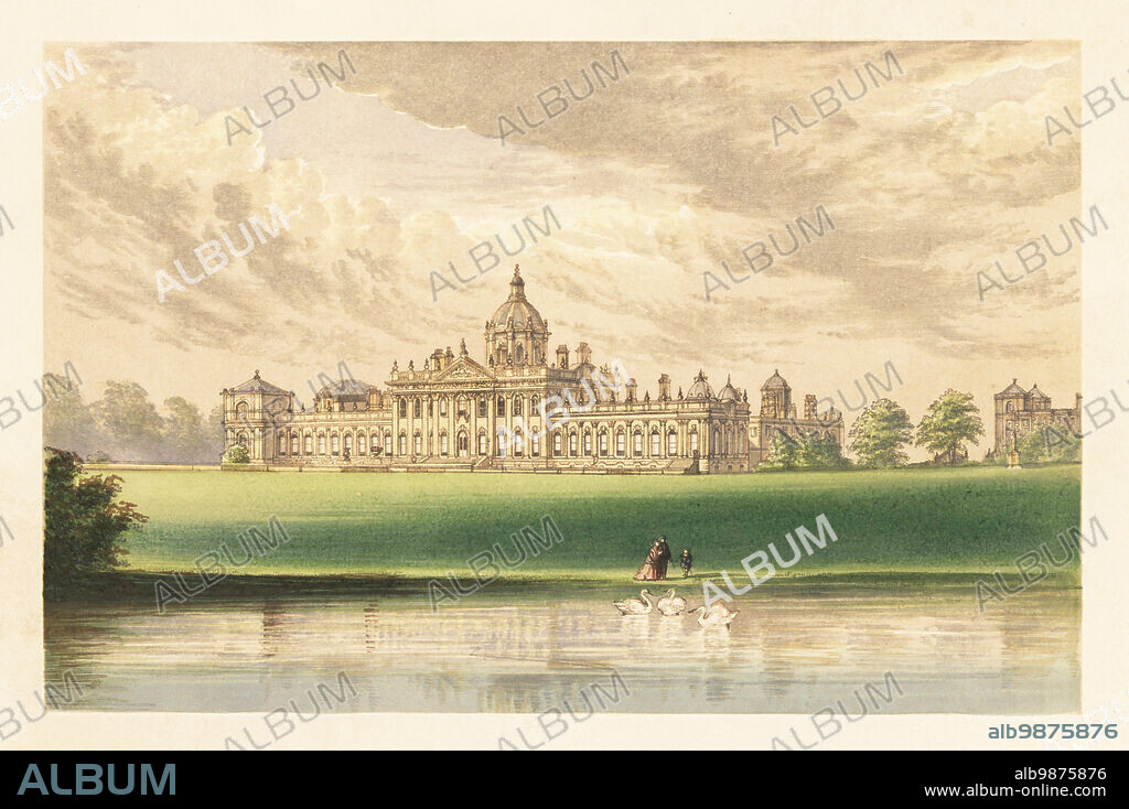 Castle Howard, Yorkshire, England. Baroque stately home with central dome built in the 18th century by John Vanbrugh for Charles Howard, 3rd Earl of Carlisle. Palladian style west wing completed by Charles Heathcote Tatham in 1811. Colour woodblock by Benjamin Fawcett in the Baxter process of an illustration by Alexander Francis Lydon from Reverend Francis Orpen Morriss Picturesque Views of the Seats of Noblemen and Gentlemen of Great Britain and Ireland, William Mackenzie, London, 1880.