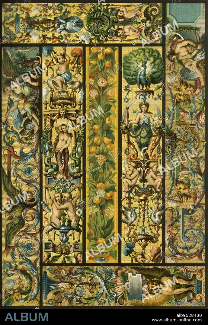 French Renaissance Gobelins tapestries, (1898). 'Figs 1-3: Borders on a tapestry carpet after [Charles] Le Brun (made 1665-72). Figs 4-6: Border from a tapestry after Noel Coypel (made 1670-80). Fig 7: Border from a tapestry of the 16th century...since the 16th century such wall-decorating carpets again found favour in the houses of the wealthy, all the more since the hangings of wool, woven in the Netherlands, and embellished with various figural representations, were sold all over the world and quite superseded the silk or linen tapestry. Also in France, under Louis XIV such a manufactory of tapestry was established by [the] Gobelin brothers, from whom the tapestries woven there, and afterwards all fabrics of this kind were named, 'Gobelins''. Plate 66 from "The Historic Styles of Ornament" translated from the German of H. Dolmetsch. [B.T. Batford, London, 1898].
