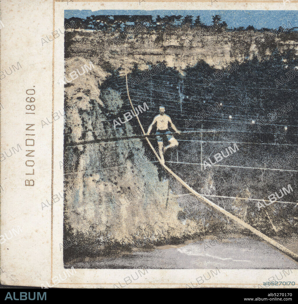 Blondin 1860. Tightrope artist 'Blondin' crosses over the river., Blondin, 1824-1897, New York (State), Niagara Falls (N.Y. and Ont.).