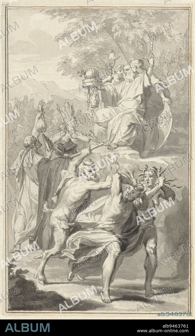 Allegory with Expulsion of Envy and Discord, Jan Walker, 1700 - 1759, In the foreground, Envy and Discord are expelled by a satyr; in the background, an old man with beard, flanked by Wisdom and Prudence, holding a sieve in which is the globe. Three more allegorical figures in the background on the left. Design for a print., draughtsman: Jan Wandelaar, 1700 - 1759, paper, pen, brush, h 147 mm × w 90 mm.