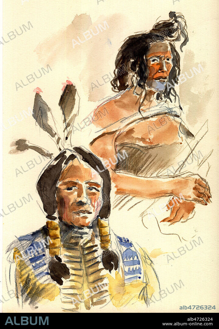 Deux portraits d'Indiens des Plaines (Sioux, Arikaras). Le portrait en haut a gauche est inspire d'une aquarelle peinte par le peintre suisse Karl Bodmer lors d'un voyage le long du Missouri (USA) dans les annees 1830. Illustration de Thierry SCHNEYDER, 2007. Credit: T. Schneyder / KHARBINE-TAPABOR.