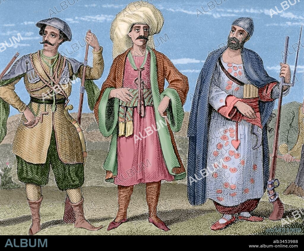 Janissaries. Elite infantry units that formed the Ottoman Sultan's household troops and bodyguards. Engraving. 19th century. Colored.
