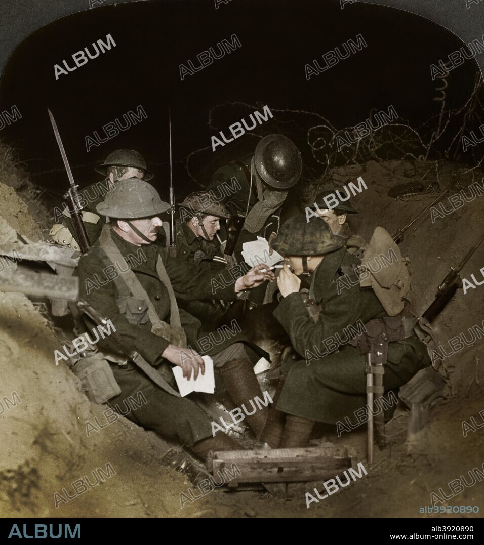 An evening in the reserve trenches at Beaumont Hamel, France, World War I, 1914-1918. Stereoscopic card detail. (Colorised black and white print).