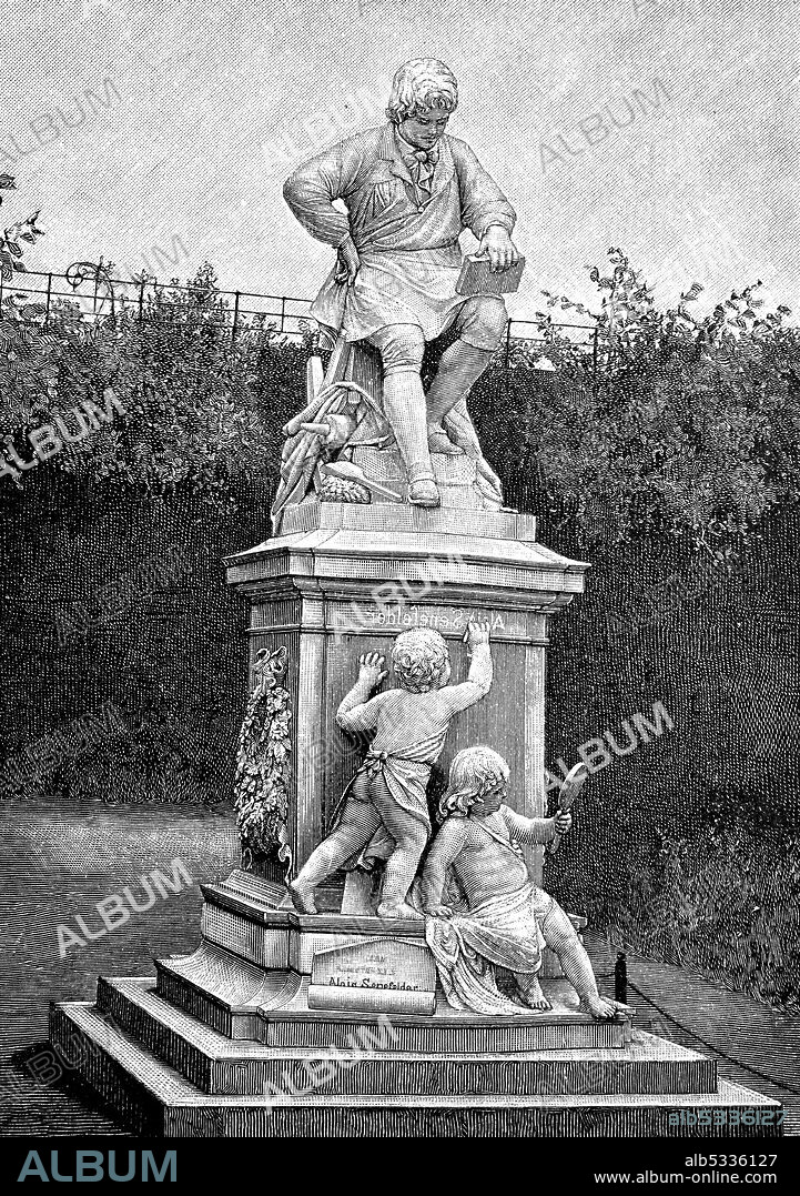 Monument to Alois Senefelder, Senefelderplatz, Berlin, Germany, designed by Rudolf Pohle, 1892  /  Denkmal für Alois Senefelder, Senefelderplatz, Berlin, Deutschland, entworfen von Rudolf Pohle, 1892, Historisch, historical, digital improved reproduction of an original from the 19th century / digitale Reproduktion einer Originalvorlage aus dem 19. Jahrhundert.