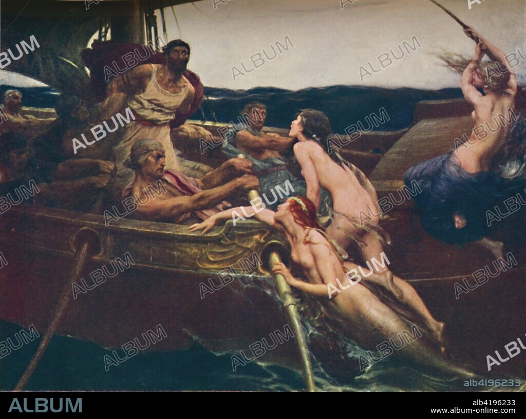 'Ulysses and the Sirens', 1909, (c1950). Illustration to a scene from Homer's Odyssey: Ulysses (or Odysseus), legendary Greek king of Ithaca, is tormented by the voices of the Sirens, who sang to sailors to lure them onto dangerous rocks. Painting in the Ferens Art Gallery in Kingston upon Hull. From The Outline of Literature, edited by John Drinkwater. [George Newnes Limited, London, c1950].