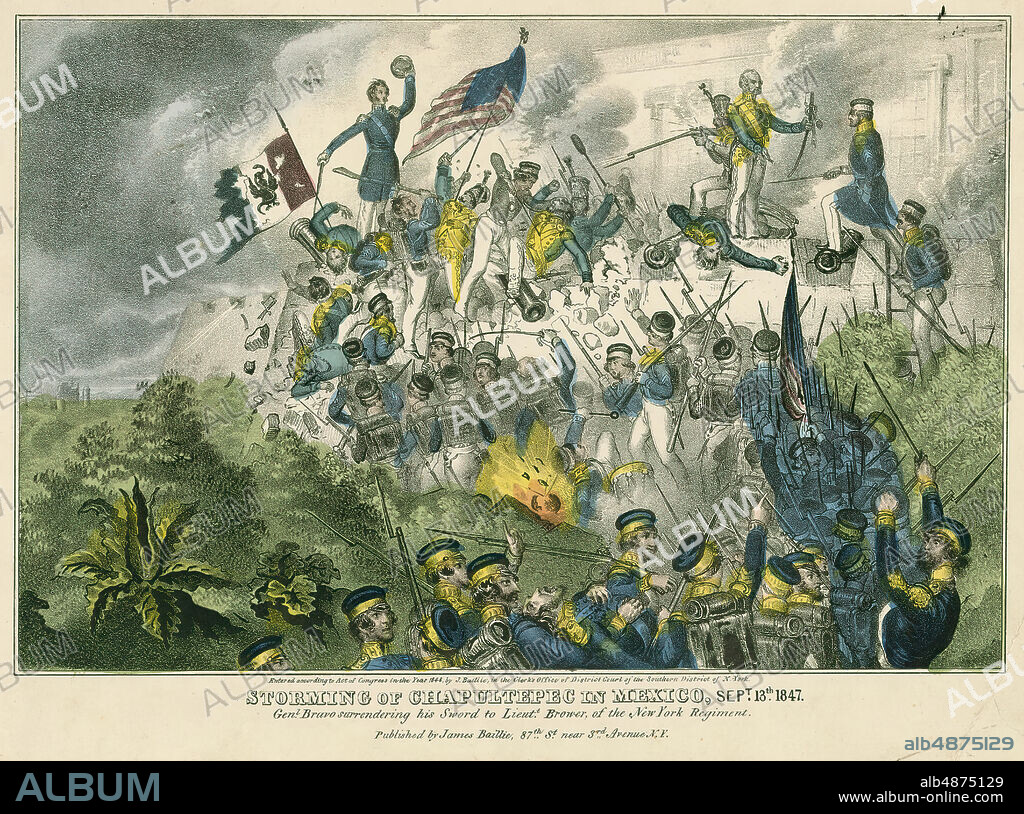 Unknown Artist, Part of a Collection of Mexican-American War Prints, Storming of Chapultepec in Mexico, September 13, 1847.General Bravo surrendering his sword to Lieutenant Brower, of the New York Regiment., 1848, color lithograph on paper, 9 3/4 in. x 13 13/16 in. (24.77 cm x 35.08 cm), A strong desire to acquire northern Mexico led the United States to declare war on Mexico in May of 1846. On September 12th, 1847, American forces under the command of General Winfield Scott laid siege to the Chapultepec Castle in Mexico City. General Scott and Santa Anna, the leader of the Mexican Army, understood the importance of the Castle in the battle for Mexico City. Standing atop a 200-foot hill, the Castle provided a great vantage point for both defending and attacking the capital city.