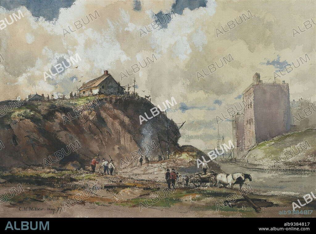 The Way the City is Built, Charles Henry Miller, American, 1842-1922, Watercolor with graphite pencil underdrawing on moderately textured, moderately thick, cream, wove paper, cold-pressed watercolor paper, 1877, 12 7/8 x 18 1/2 in., 32.7 x 47 cm, American art, American male artist, building, Buildings, cart, cityscape, Cliff, Clouds, construction, excavation, Harlem, hill, Horses, House, Landscape, Manhattan, New York City, Old New York, People, river, Sky, smoke, townhouses, Water, watercolor, Work, workers.
