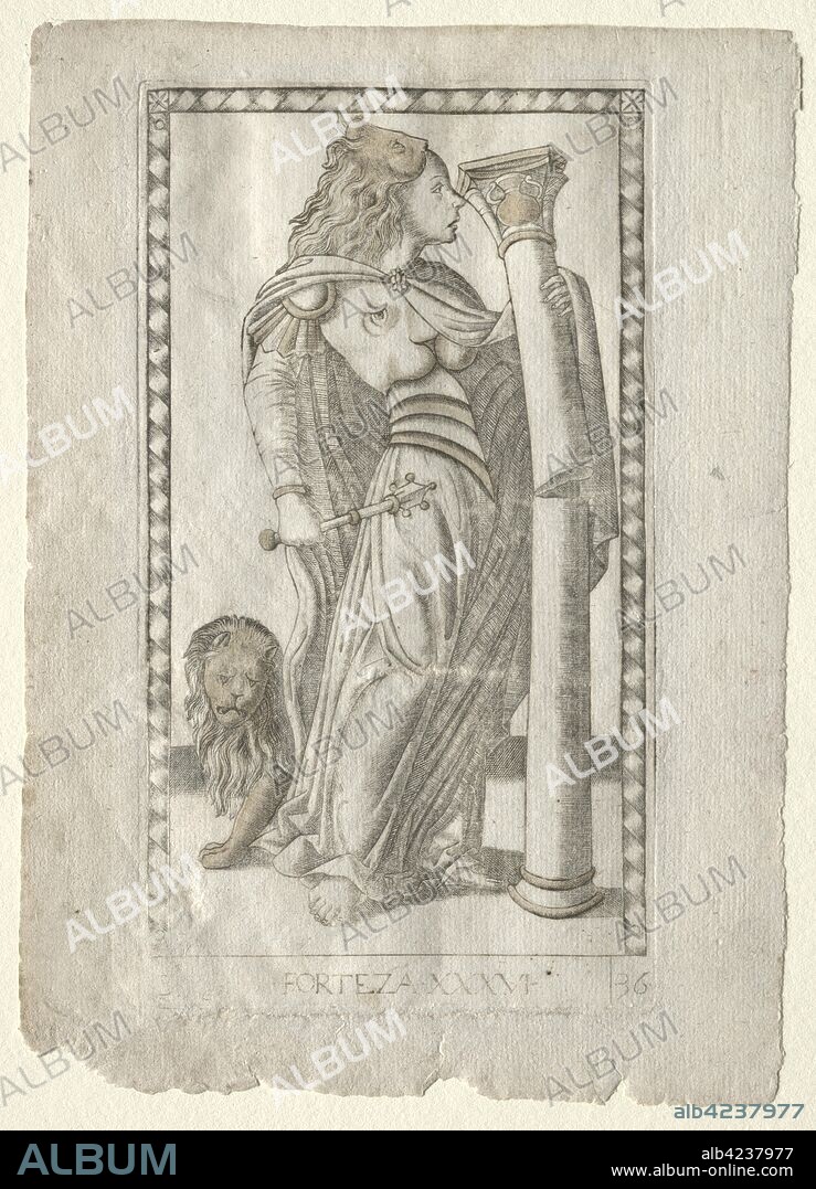 Forteza (from the Tarocchi, series B: Cosmic Principles & Virtues, #36), before 1467. Master of the E-Series Tarocchi (Italian, 15th century). Engraving, hand-colored with gold.