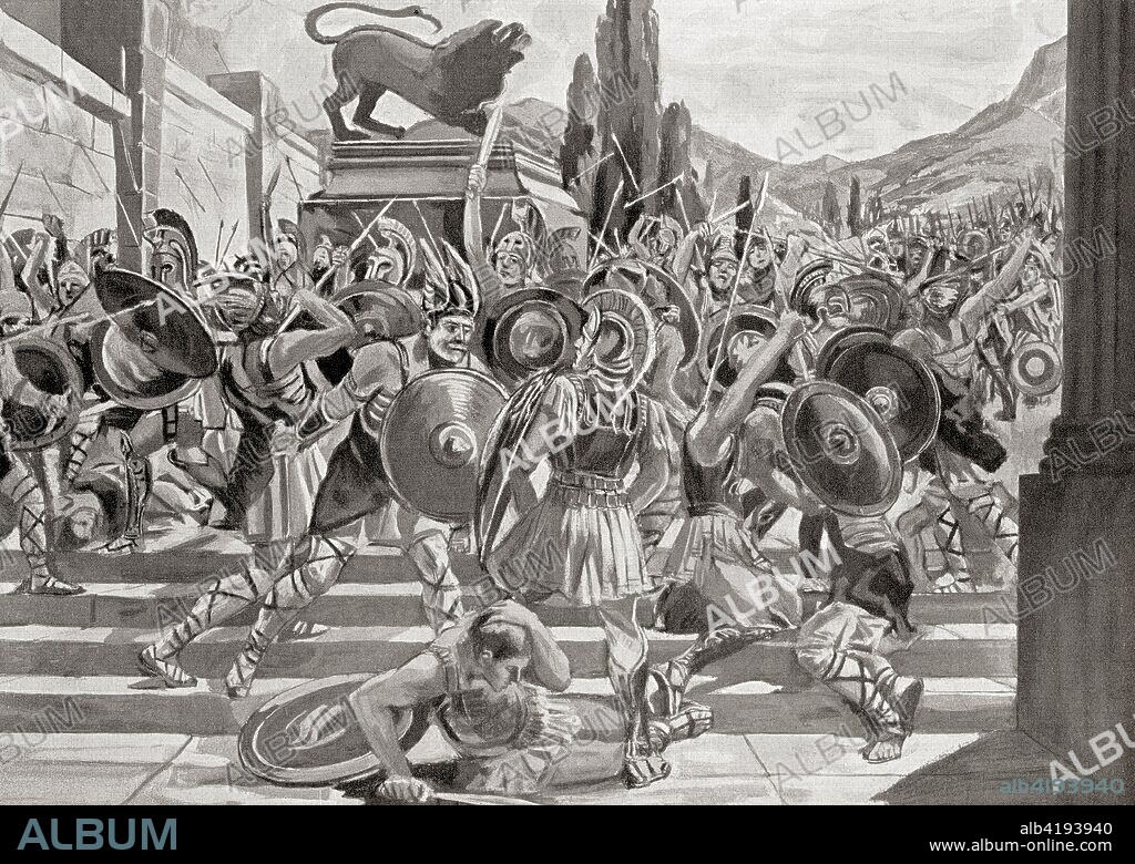 The Gauls under the leadership of Brennus aka Brennos, invading Macedonia, 280 BC.   Brennus aka Brennos d. 279 BC. Gaul leader of the army of the Gallic invasion of the Balkans.  From Hutchinson's History of the Nations, published 1915.