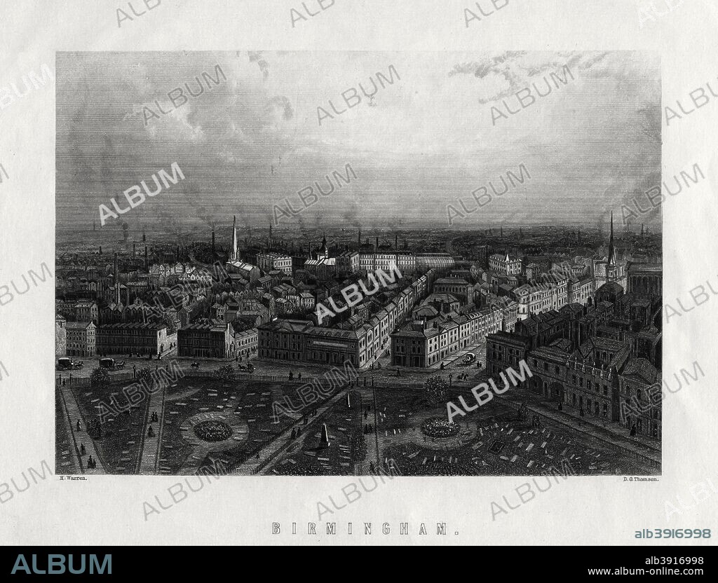 'Birmingham', England, 19th century. View of smoking factory chimneys in the city of Birmingham in the West Midlands. During the Industrial Revolution, Birmingham became an important centre of metal manufacturing, engineering and trade.