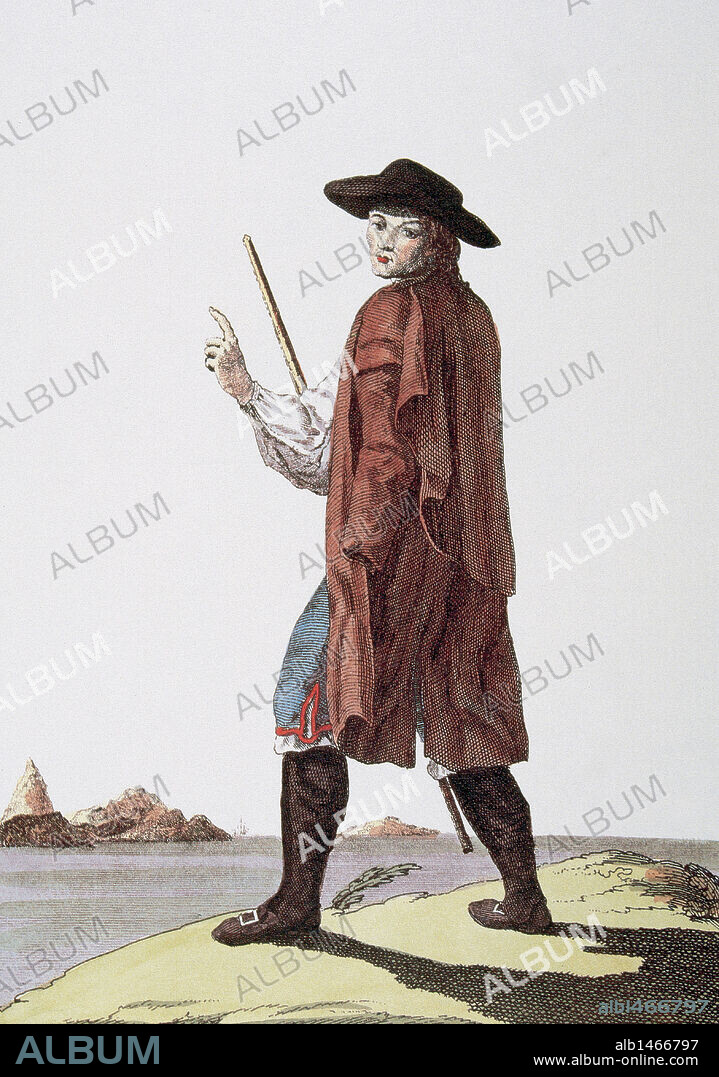 Dress of the Gran Canaria island. Colored engraving by Juan de la Cruz. Canary Islands. Spain.