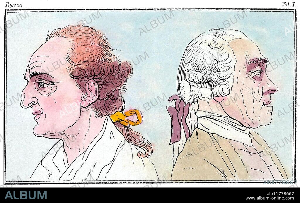 PHYSIOGNOMY - LAVATER. Two 'physiognomic' examples of heads, from a plate in the 1790 edition of Johann Kaspar Lavater (1741-1801) Physiognomische Fragmente, which he wrote with the assistance of Goethe. This plate relates to page 211 of Volume I of the English translation, wherein the two heads are discussed.