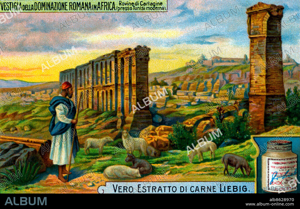 Ruins of Carthage (Italian: 'Rovine di Cartagine'). Present day Tunisia. Illustration from Liebig collectible card series 'Remains of the Roman Empire in Africa' (Italian: 'Vestigia della Dominazione Romana in Africa'). 1914.
S1106 (F1091).