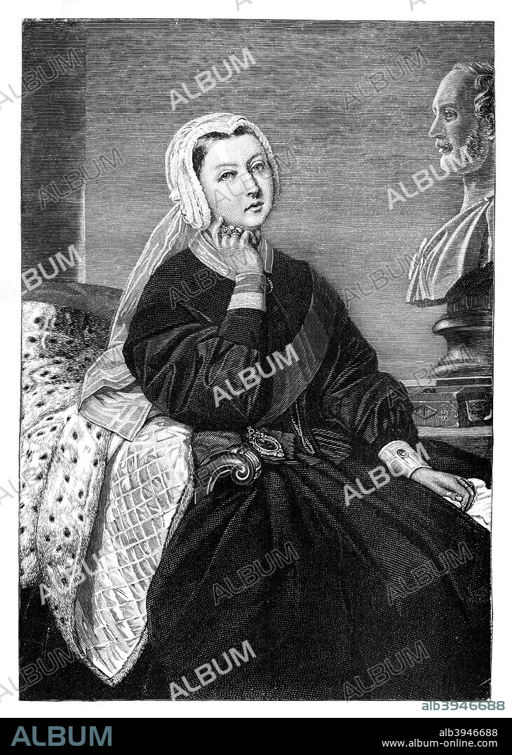 Queen Victoria at Osborne House, late 19th century. The queen in mourning dress with a bust of her late husband, Prince Albert. llustration from The Life & Times of Queen Victoria, by Robert Wilson, Vol III.