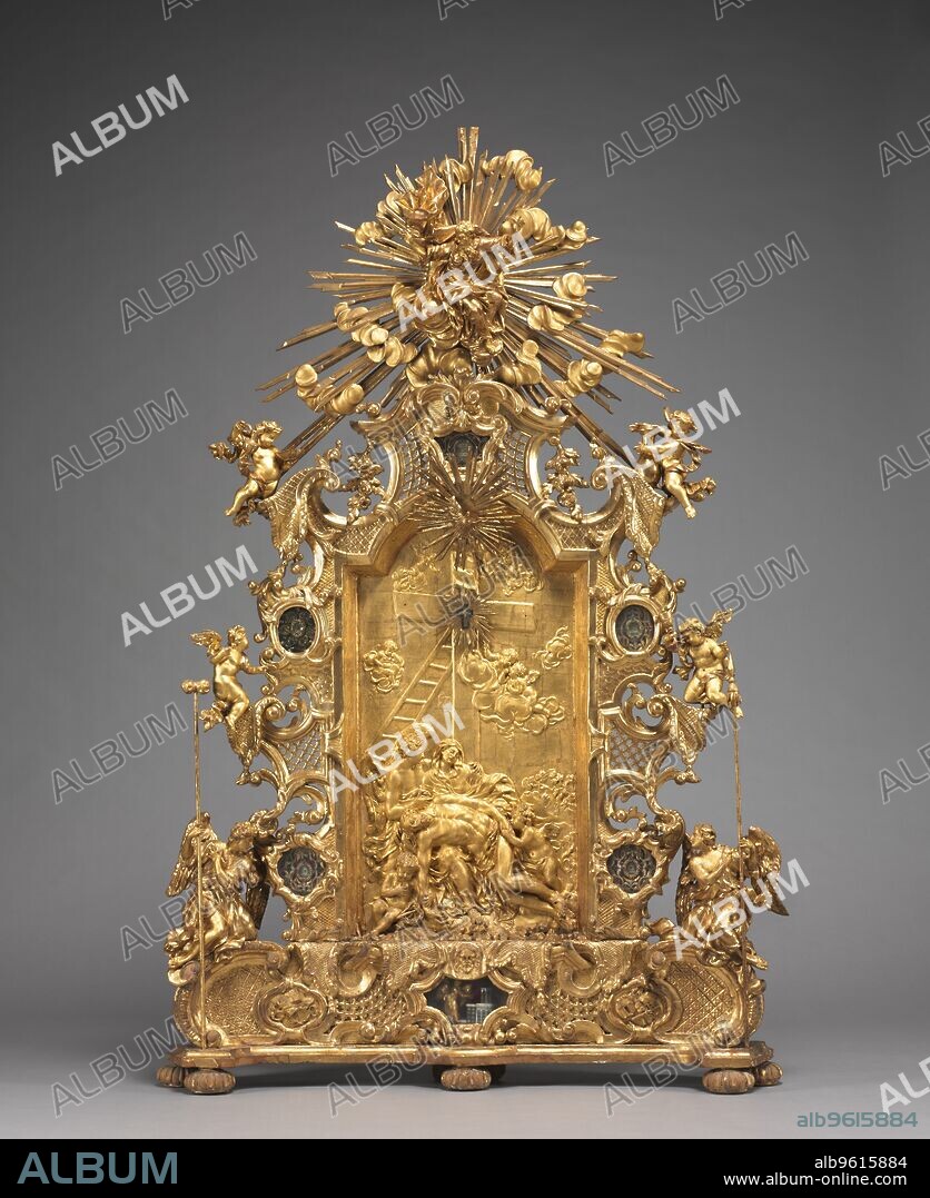 Altarpiece with Relics, c. 1735-1740. Götz covers every surface in gold leaf, giving each part of the object equal importance, rather than simply framing a central picture. In this distinctively Central European approach, figural narrative is subordinate to the overall ensemble. Götz designed this object to rest on top of an altar, probably in front of a larger painted or sculpted decorative scheme. The work contains relics seen through the small windows on the perimeter. These small remains of holy figures demonstrate the persistence of a medieval Catholic tradition well into the 1700s.