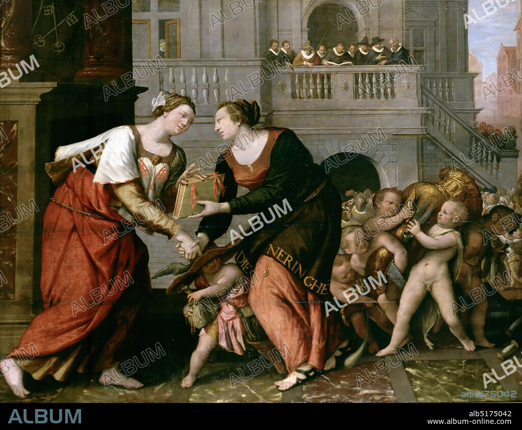 painting, Isaac Claesz. van Swanenburg, 1596-1601, panel, oil paint, painted, Overall dimensions according to catalog 1983: 137.5 × 173cm 1375 × 1730mm, With frame: 157.5 × 193 × 7cm 1575 × 1930 × 70mm, allegory, putto, city virgin, personification, woman, cityscape, man, lead, Painting with an allegorical depiction of the New Neringhe and the City Virgin. The City Virgin of Leiden approaching from the left gives the woman who symbolizes the Nieuwe Neringhe the book with the urban laws and the regulations governing this industry. Both women are depicted in full-length and facing each other. Some putti to the right behind the Nieuwe Neringhe are holding a cornucopia, as a sign of the prosperity brought about by the renewed flourishing of the textile industry. In the background a fantastic town hall facade with a high platform on which the secretary Jan van Hout, 1542-1609, accompanied by the rear admiral and eight aldermen, reads the new hallmarks. The second figure from the left is the textile dye Claes Willemsz. van Warmont; the painter himself is depicted on the far right. Not signed. The painting is in a black-painted wooden frame with a gilded inner edge, 1867.