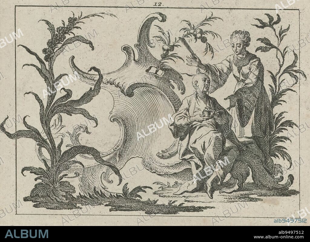 Chinese with cup and saucer seated in a Rococo ornament, next to him a woman with fan, Smokers on Rococo ornament (series title), print maker: Johann Esaias Nilson, after own design by: Johann Esaias Nilson, Augsburg, 1731 - 1788, paper, engraving, etching, height 78 mm × width 104 mm.