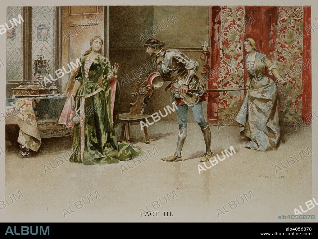 WILLIAM SHAKESPEARE. Cassio asks Desdemona to act as an intermediary between himself and Othello, and persuade her husband to reinstate Cassio. Emilia enters the room. Othello. The moor of Venice. Simpkin and Co.: London, 1893. colour illustration. Source: 11765.k.9, page 19. Language: English.