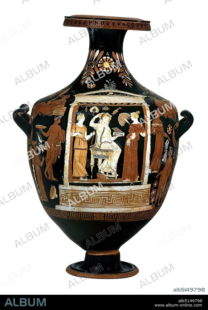 Varrese-painter, Gioia del Colle-painter, Hydria (Naiskos scene), clay, quickly turned, painted (pottery), alternately fired, Total: Height: 74.2 cm (73.1-74.2); Diameter: 42.4 cm; Muzzle diameter: 24.2 cm; Diameter: 20.6 cm (foot); Diameter: 1 cm (handle holes), pottery, architecture, Late Classicism (Greek antiquity), The monumental Hydria was pottered in several parts; its individual parts are placed on top of each other at an angle. The richly painted vessel shows a naiskos with three persons on the front and three more figures on each side. The naiskos stands on a broad meandering base; its ceiling beams are depicted in perspective; on the flat gable there are three palmette macroteres. In the tomb, a woman sits on a richly decorated chair with a red blanket, her feet placed on a stool. With her right hand she holds the cloak laid over her head and in her left hand an open box. She is highlighted as the deceased by a white painting. To the left and right are two women, who, like the seated woman, are dressed in short-sleeved chitons in different colors. One holds a tänie, the other a fan in her hand. Spread over the open spaces are a fan, a tänie, a ball, a bandage and a lekythos. To the left of the naiskos there are two figures, a naked youth and a woman, above which another woman can be seen in a reclined position. On the right there is a similar group; the reclining woman is lying undressed on her coat. The back is covered with richly proliferating palmette ornaments, including a meandering cross-plate. At the neck olive branches with a rosette above the center of the picture. On the overhanging lip an ionic cymation. The fact that this vase was not intended for everyday use, but was intended as a burial object or for a libation, is proven by the missing floor inside. Through it, liquid donations could go directly to the earth deities. The dead is interpreted as the bride of the underworld gods in the hereafter. Such a characterization alludes to the Diony.