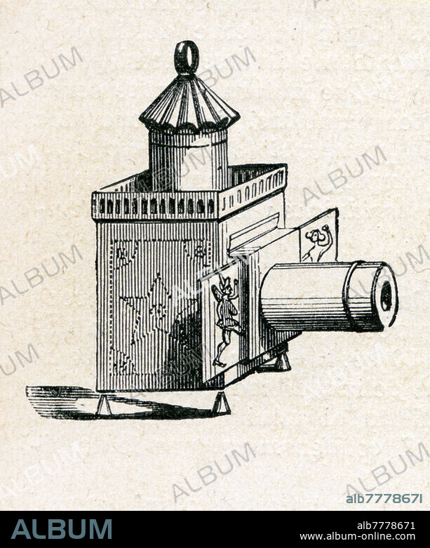 MAGIC LANTERN The model designed by Athanasius Kircher (2 May 1602 - 28 November 1680) in the 17th century. Engraved from the manual by Luigi Sassi "Fixed projections and cinema", Hoepli, Milan 1911.