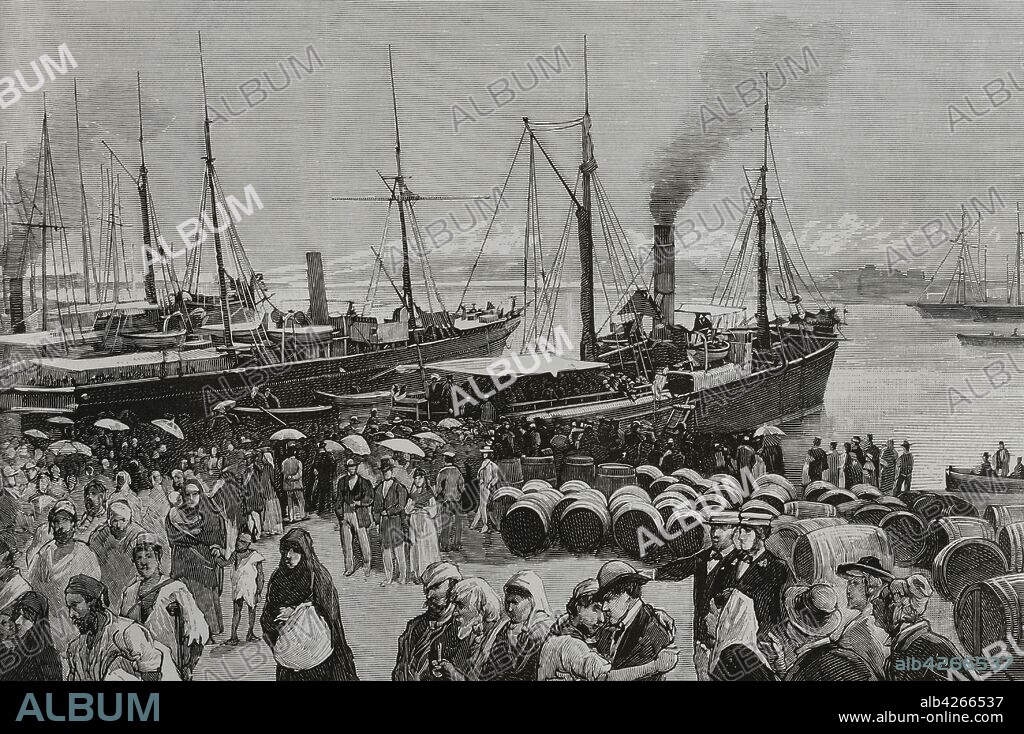 The Spanish in Oran's region. During the second third of the 19th century many Spaniards went as farmers to make their fortune in northern Algeria. On June 11, 1881, the men of the Marabout Mohamed el-Arbi, known as Bu-Amena, attacked farmers who were gathering esparto in the Oranian agricultural fields of Khalfalia and Frendah, near Saida (Algeria). It caused panic among European emigrants. Many of them returned to their countries of origin. 9,000 Spaniards did so between 11 and 22 June 1881. Port of Alicante (Spain). Disembarkation of Spanish workers, fugitives from Oran, repatriated by the steamships "Bes—s" and "Correo de Cartagena". Engraving by Rico. La Ilustracion Espa–ola y Americana, 1881.