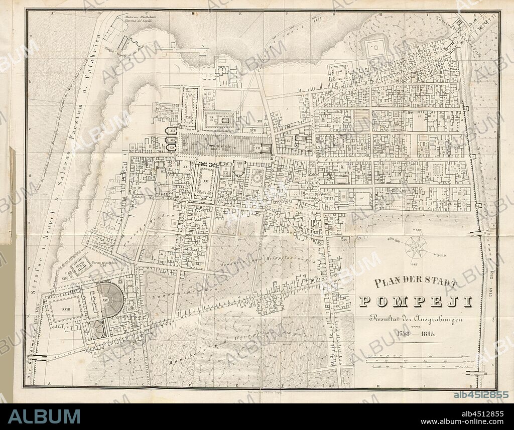 Plan of the city of Pompeii;, Map of the city of Pompeii after the excavations of 1748-1855, after p. 438, p. 488, 1856, Johannes Overbeck: Pompeji in seinen Gebäuden, Alterthümern und Kunstwerken [...]. Leipzig: Verlag von Wilhelm Engelmann, 1856.