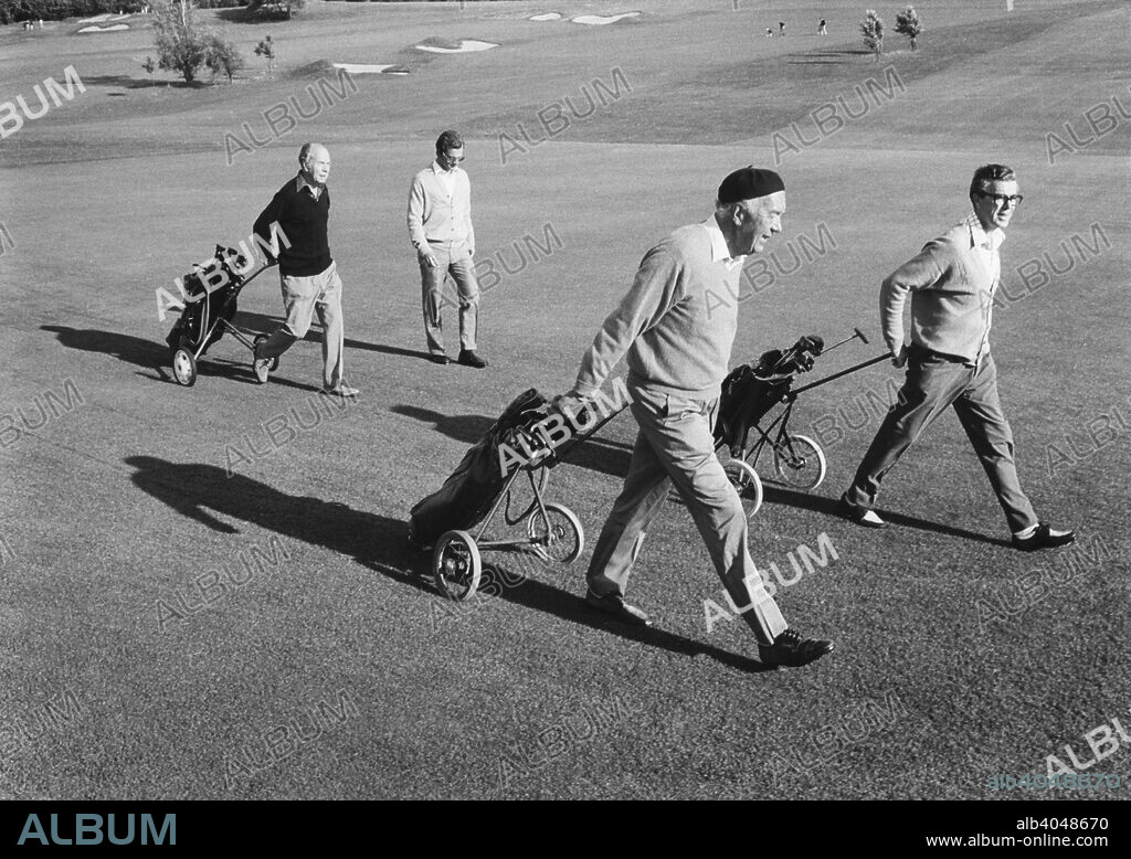 Members of the Swedish Royal Family on the golf course, Båstad, Sweden, 1973. Prince Bertil, Count Carl-Johan Bernadotte and Count Sigvard Bernadotte. Three of the sons of King Gustav VI Adolf of Sweden.