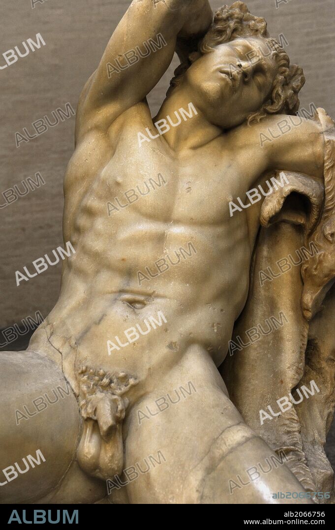 Greek art. Barberini Faun. A sleeping satyr. About 220 BC. Probably stood in a sanctuary of Dionysus and was later brought to gardens on the banks of the Tiber. Greek baroque. Roman copy. Glyptothek. Munich. Germany.