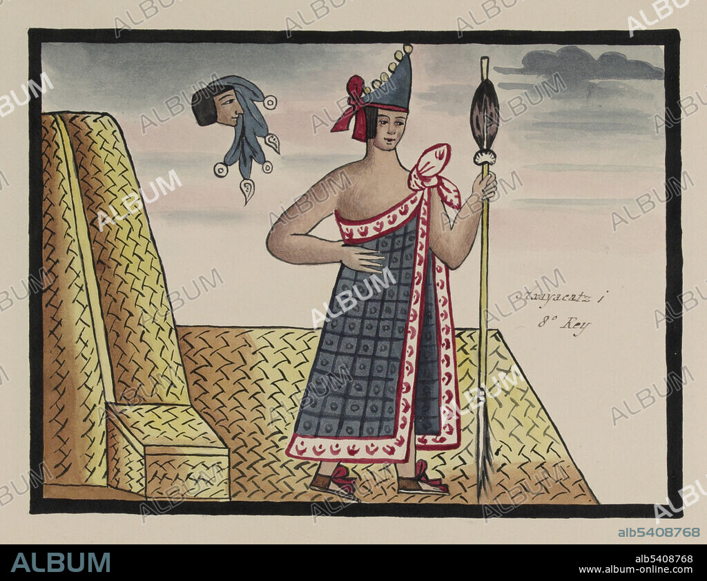Axayácatl, holding a spear or scepter and wearing a crown with gold ornaments, standing on a reed mat and next to a basketwork throne. Above him is a head with water flowing from it. Axayácatl 1449-1481) was the sixth (text incorrectly identifies him as the eighth) tlatoani of Tenochtitlan and ruler of the Aztec Triple Alliance. Upon the death of Moctezuma I in 1469, he was chosen to ascend to the throne, much to the displeasure of his two older brothers, Tizoc and Ahuitzotl. It is also important that the Great Sun Stone, also known as the Aztec Calendar, was carved under his leadership. Axayacatl led successful campaigns against the neighboring altepetl of Tlatelolco in 1473 and the Matlatzinca of the Toluca Valley in 1474, but was finally defeated by the Tarascans of Michoacán in 1476. His defeat was the only major defeat suffered by the Aztecs up to that moment. Though very young he fell ill in 1480 and passed away a year later. The Tovar Codex (16th century) contains detailed information about the rites and ceremonies of the Aztecs. The codex is illustrated with 51 full-page paintings in watercolor. Illustration taken from a 19th century transcript of Juan de Tovar's Historia de la benida de los yndios apoblar a Mexico (the Co´dice Tovar).