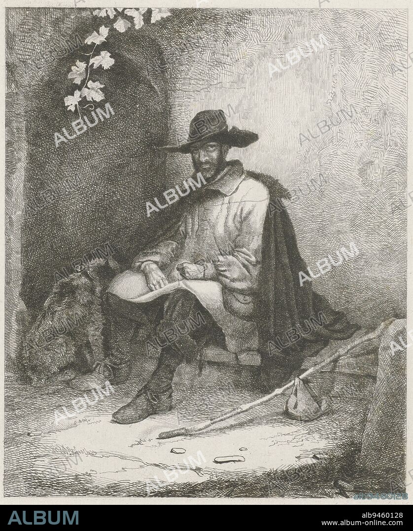 A traveler rests before the entrance to a cave Next to him a dog The man wears a cloak and top hat, Resting Traveler, print maker: Jacobus Ludovicus Cornet, Jacobus Ludovicus Cornet, Leiden, 1851, paper, etching, h 272 mm × w 201 mm.