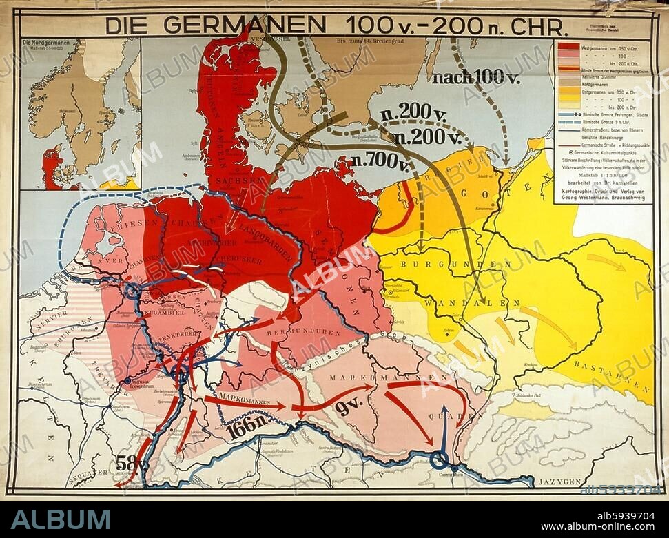 Deutschland / Frühgeschichte. "Die Germanen / 100 v. 200 n. Chr.". (Landkarte mit Siedlungsgebieten und Wanderungsbewegungen der germanischen Stämme). Farbdruck. Schulwandbild, Braunschweig (Georg Westermann) o. J. Dortmund, Westfälisches Schulmuseum.