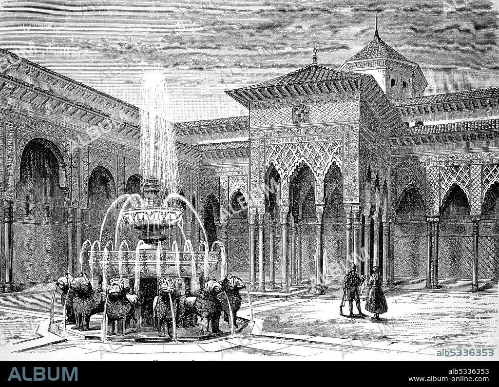 The Court of Lions at the Alhambra in Granada, Spain, in 1880  /  Der Löwenhof in der Alhambra in Granada, Spanien, im Jahre 1880, Historisch, historical, digital improved reproduction of an original from the 19th century / digitale Reproduktion einer Originalvorlage aus dem 19. Jahrhundert,.