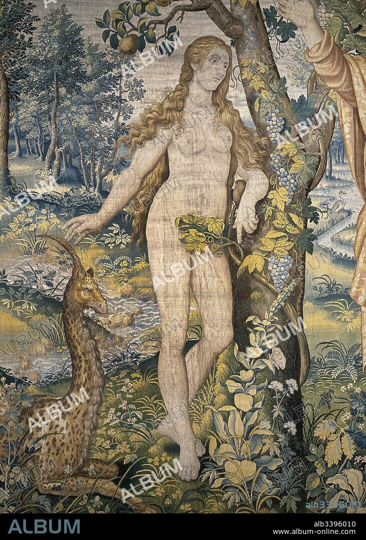 Eva en el Paraíso. Detalle de un tapiz de la serie "La Creación del Hombre". Fabricado en Bruselas entre los siglos XVI y XVII. Sala 5. Museo de los Tapices. Palacio Real de La Granja de San Ildefonso. Provincia de Segovia. Castilla-León. España. Patrimonio Nacional.