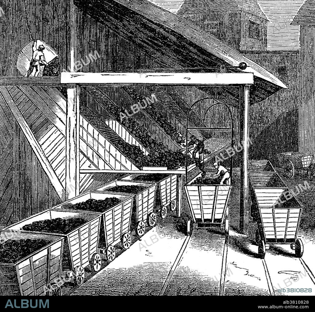 Entitled: "Even on pre-steam industrial railways gravity helped to load wagons with coal as here at South Hetton colliery." The South Hetton Coal Company, owned by Colonel Thomas Brady, first sank shafts in 1831. Large scale production began two years later and corresponded with a large increase in population. Employment peaked in the 1930s when over 1400 people worked at the colliery. However, activity declined in the latter half of the 20th century with the colliery ceasing operations in 1982. The goal of coal mining is to obtain coal from the ground. Coal is valued for its energy content, and, since the 1880s, has been widely used to generate electricity. In the United Kingdom, and South Africa, a coal mine and its structures are a colliery. Coal mining has had many developments over the recent years, from the early days of men tunneling, digging and manually extracting the coal on carts, to large open cut and long wall mines.