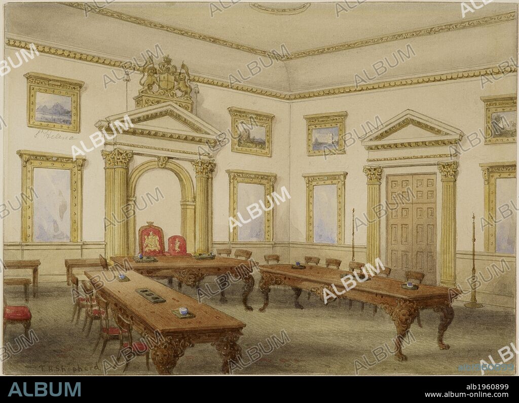 THOMAS SHEPHERD. Watercolour of Director's Court room at East India House. A room in the headquarters of the East India company. . The Directors' Court Room, East India House, Leadenhall Street, London. London. Shepherd, Thomas Hosmer (1793-1864); The Directors' Court Room, East India House, Leadenhall Street, London. Foster 3. watercolour c.1820. Source: WD 2465.