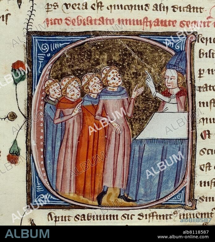 Medicine:. Plague. A priest blesses plague infected monks. Illumination, c. 1360/80. Fr.: Jacobus Anglicus, Omne Bonum. Ms. Royal 6, E VI, fol. 301. London, British Library.