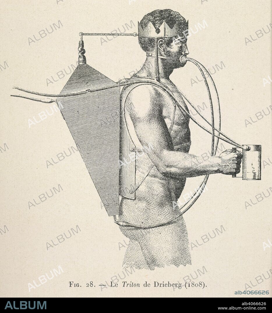 Le Triton. La Navigation sous-marine. [With illustrations.]. Paris, 1906. Experimental underwater breathing apparatus, known as the Triton, designed by FrÃ©dÃ©ric de Drieberg. The diver wears a metal air cylinder on the back and a metal crown on his head, which is connected to a pair of bellows also worn on the diver's back. By nodding his head, the diver causes the bellows to suck air down from through a tube leading from the surface.  Image taken from La Navigation sous-marine. [With illustrations.].  Originally published/produced in Paris, 1906. . Source: 8808.d.14, figure 28. Language: French.