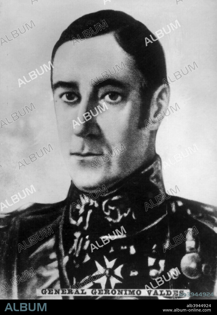 Jerónimo Valdés (1784-1855), Spanish military figure and administrator. He served as governor of Cuba from 1841 to September 1843. Cigar card from the History of Cuba,  Geografico Universal, Propaganda de los Cigarros Susini y La Corona, Tabacalera Cubana.