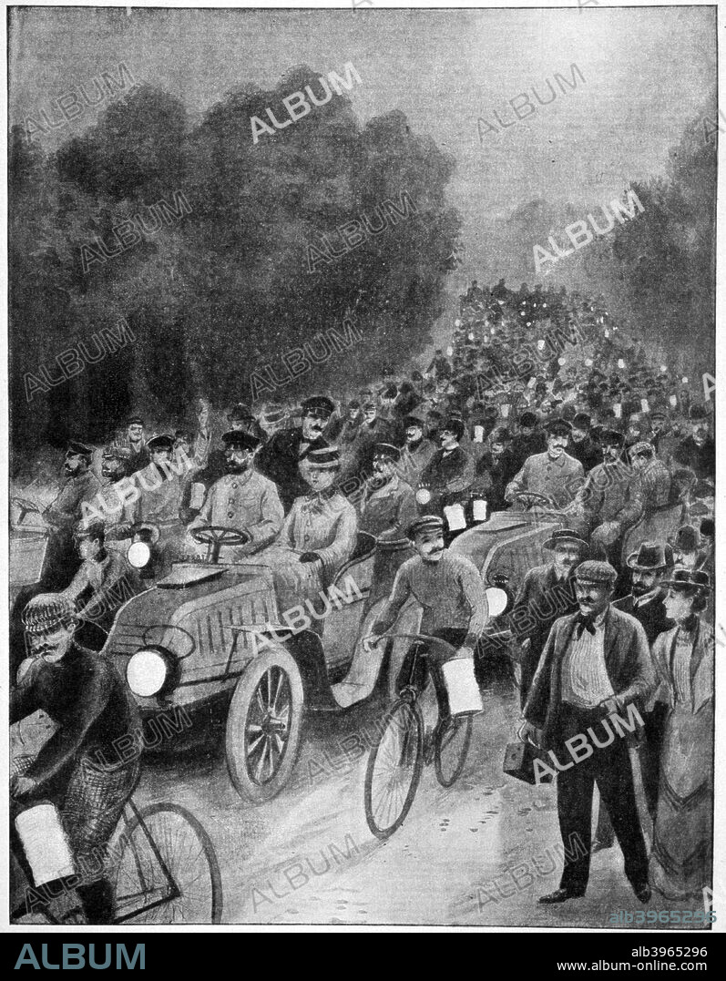 Night of the departure, Paris to Vienna race, 1902. One of the classic early motor races, the Paris-Vienna was won by Frenchman Marcel Renault, driving a Renault car. A print from a supplement of the 'Le Petit Journal'.