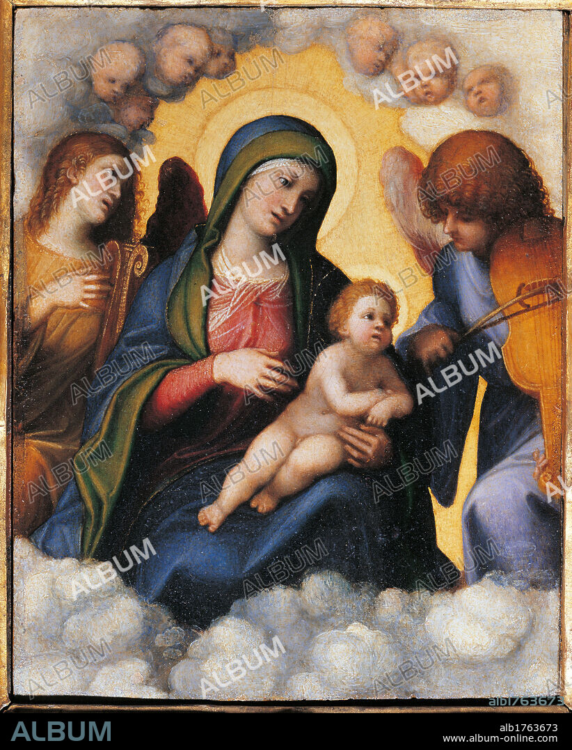 Madonna with Child, Two Angels and Cherubs, by Antonio Allegri known as Correggio, 1508-1510 about, 16th Century, oil on panel, cm 20 x 16. Italy, Tuscany, Florence, Uffizi Gallery. All. Two angels violin lyre Jesus Child Baby Madonna clouds yellow blue green red faces putti. Authorization required for non editorial use.