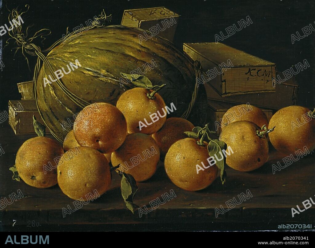 Luis Egidio Meléndez / 'Still Life of Oranges, Melons and Boxes of Sweets', Late 18th century, Spanish School, Oil on canvas, 36 cm x 50 cm, P00926.