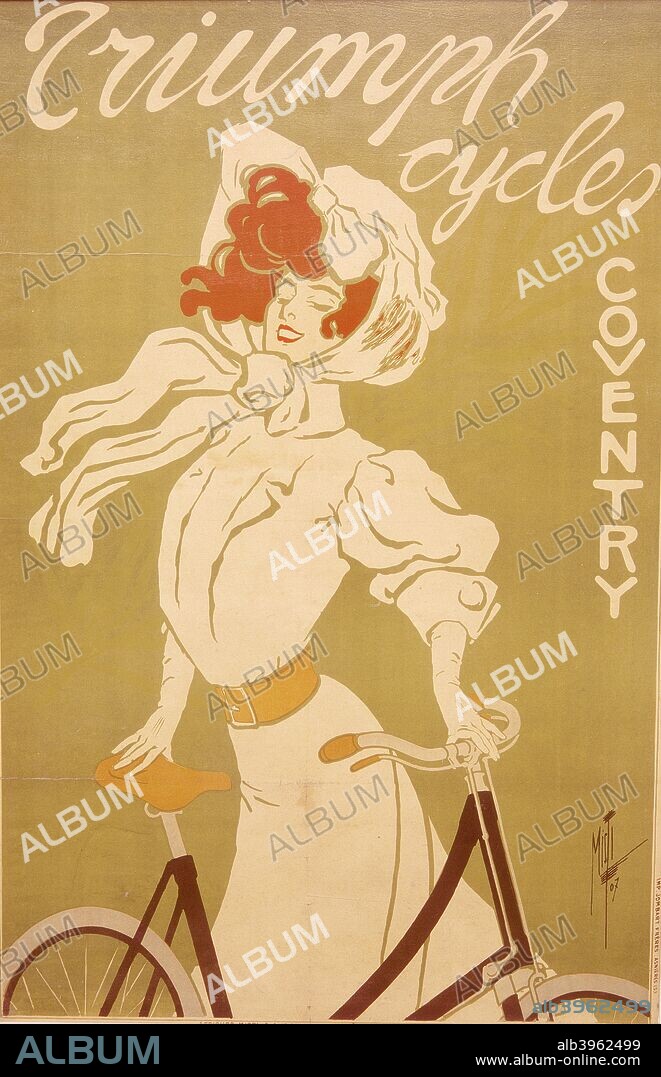 Poster advertising Triumph bicycles, 1907. An Edwardian woman with a Triumph bicycle. The Triumph factory was in Coventry.