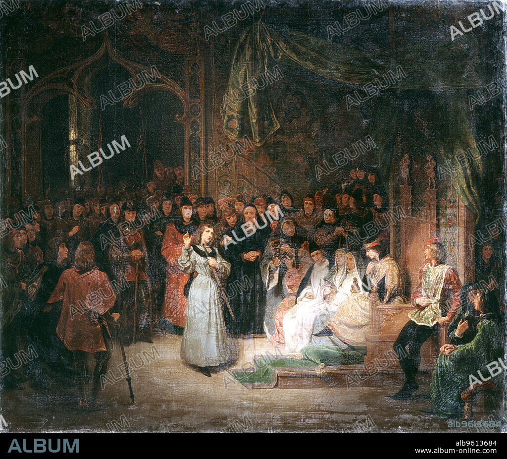 Joan of Arc before King Charles VII at Chinon, February, 1429 (c1811-1858). St Joan (c1412-1431), Maid of Orleans, French patriot and martyr, replies to the prelates who are interrogating her. Claiming divine inspiration, Joan of Arc persuaded Charles to declare himself King of France (at the time France was ruled by England under the terms of the Treaty of Troyes signed in 1420). Joan was captured by the English and executed and martyred in 1431, but Charles went on to regain all of France from the English, with the exception of Calais.