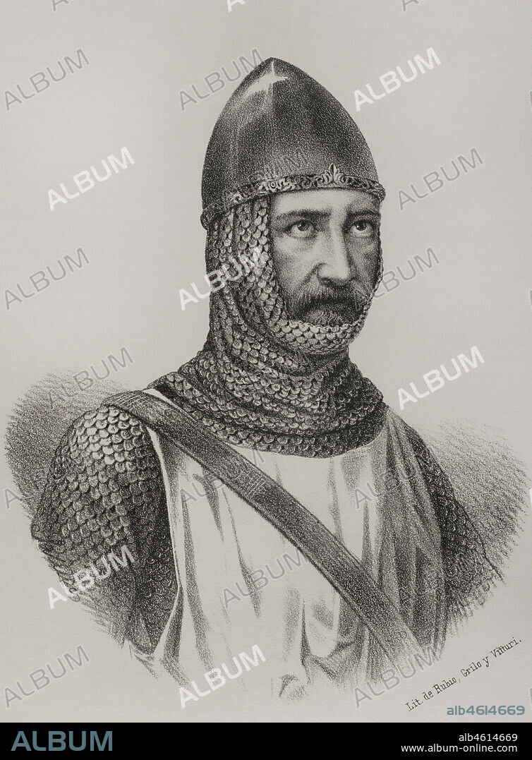 Jean IV de Béthencourt (Juan IV de Bethencourt) (h. 1362-1425). Explorador normando que en 1402 dirigió una expedición a las Islas Canarias, desembarcando primero en la costa norte de Lanzarote. Desde allí conquistó para Castilla las islas de Fuerteventura (1405) y El Hierro, derrotando a sus caciques locales. Béthencourt recibió el título de señor de las islas de Canaria (1404-1425). Retrato. Litografía. Crónica General de España, Historia Ilustrada y Descriptiva de sus Provincias. Canarias, 1871.