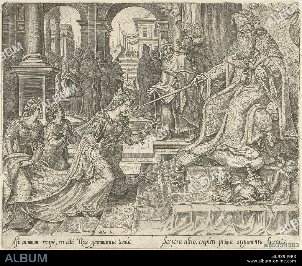 Esther kneels before King Ahasuerus and invites him to a banquet. Ahasuerus sits on his throne and touches Esther's chin with his scepter. Esther before Ahasueros History of Esther , print maker: Philips Galle, Maarten van Heemskerck, (mentioned on object), Hadrianus Junius, Haarlem, 1564, paper, engraving, h 205 mm × w 248 mm.