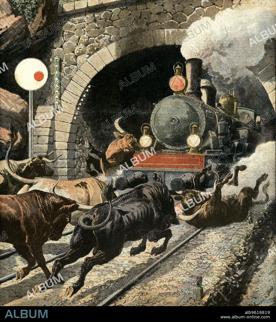 Bulls attacking a passengers train, in Cercedilla tunnel exit, in the Sierra de Guadarrama, Madrid, engraving of Petit Journal May 31, 1908.