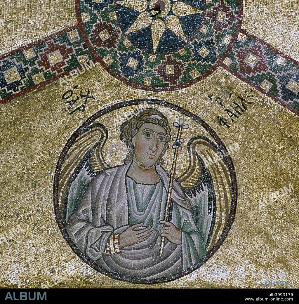 A byzantine mosaic of the Archangel Raphael in the Katholikon in the Monastery of Osios Loukas, 11th century.
