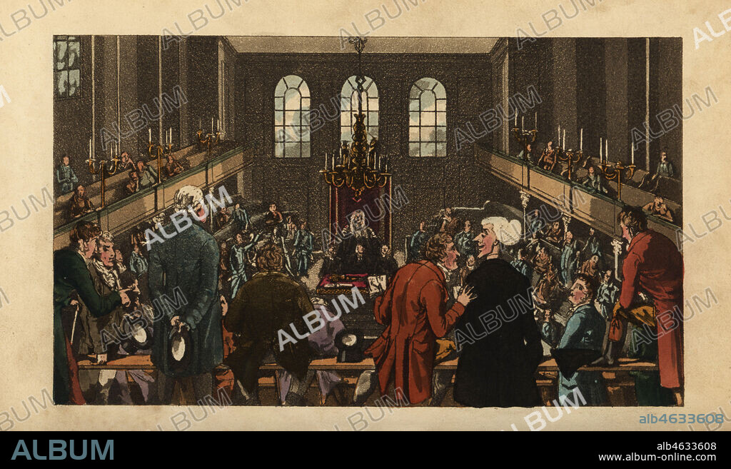 Scene inside the Houses of Parliament, London, 1820. Spectators in the gallery watch a debate by politicians. Doctor Syntax at the House of Commons, 1820. Handcoloured copperplate engraving after an illustration by Isaac Robert Cruikshank from The Tour of Doctor Syntax through London, in the Pleasures and Miseries of the Metropolis, J. Johnson, London, 1820.