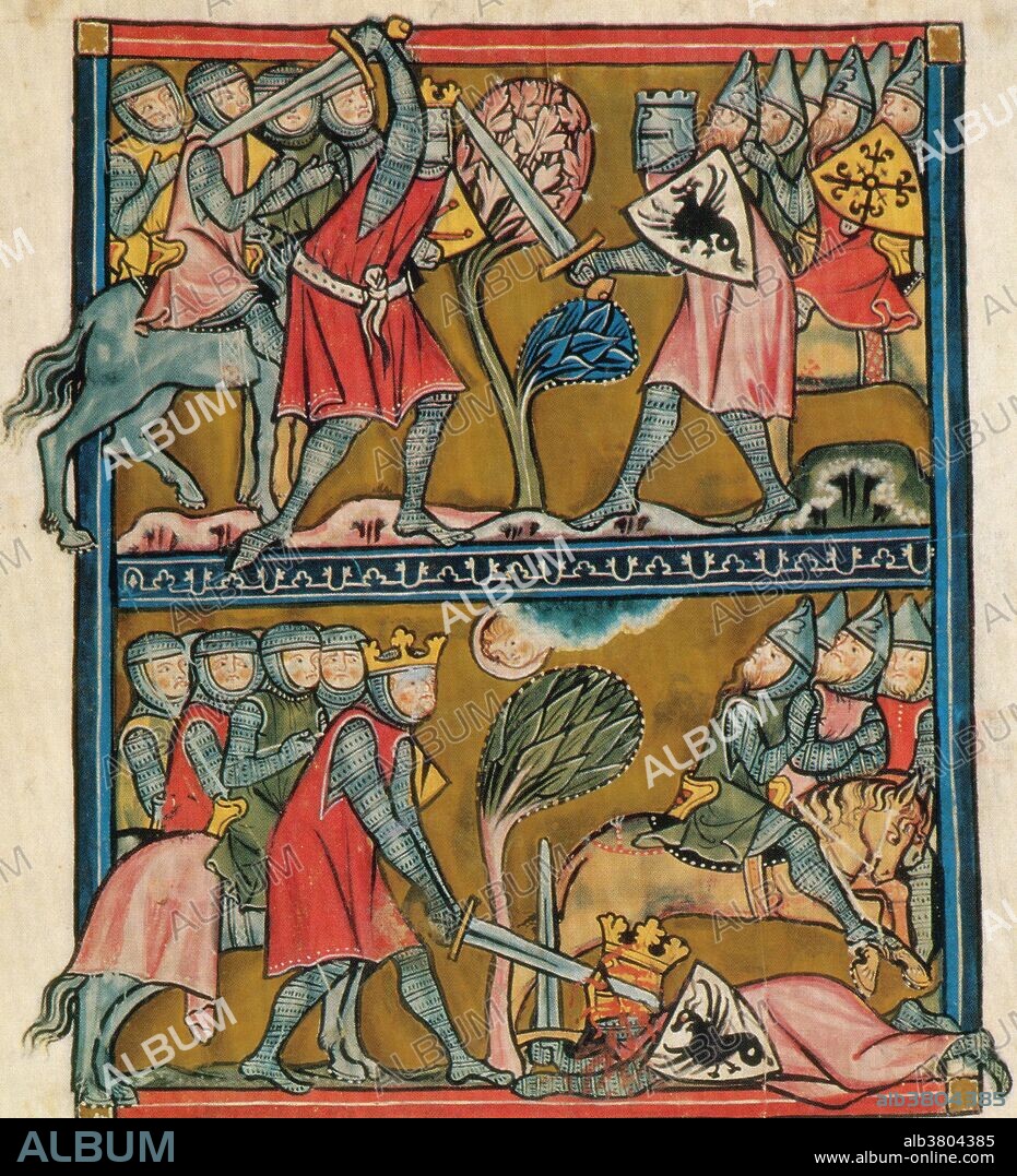 Spurred by an angel Charlemagne beats Baligant the Emir of Babylon; miniature in a manuscript of about 1290. The Song of Roland (La Chanson de Roland) is a heroic poem based on the Battle of Roncesvalles in 778, during the reign of Charlemagne. It is the oldest surviving major work of French literature. Roland is in many ways the perfect knight. Strong, courageous, and honorable he is loved by his king, Charlemagne, and worshipped by his men. He has only one enemy, his stepfather, Ganelon. When given the chance Ganelon betrays his king, his country and his people to take revenge on Roland. Roland is ambushed. The French fight a magnificent battle, but they are outnumbered and the tide turns against them. Roland blows his horn so that Charlemagne will know what happened to them. He is struck in the head and dies. Charlemagne grieves deeply at the death of his men, particularly Roland. The Saracens, under Baligant the Emir of Babylon meet Charlemagne's forces in battle. The battle is fought fiercely on both sides but Charlemagnes forces prevail and the Saracens flee. Soon after the battle, the Franks dedeuce Ganelon's treachery and he is brought back to Aix in chains for trial. Found guilty in a trial by combat, Ganelon is subjected to a painful death as a traitor.